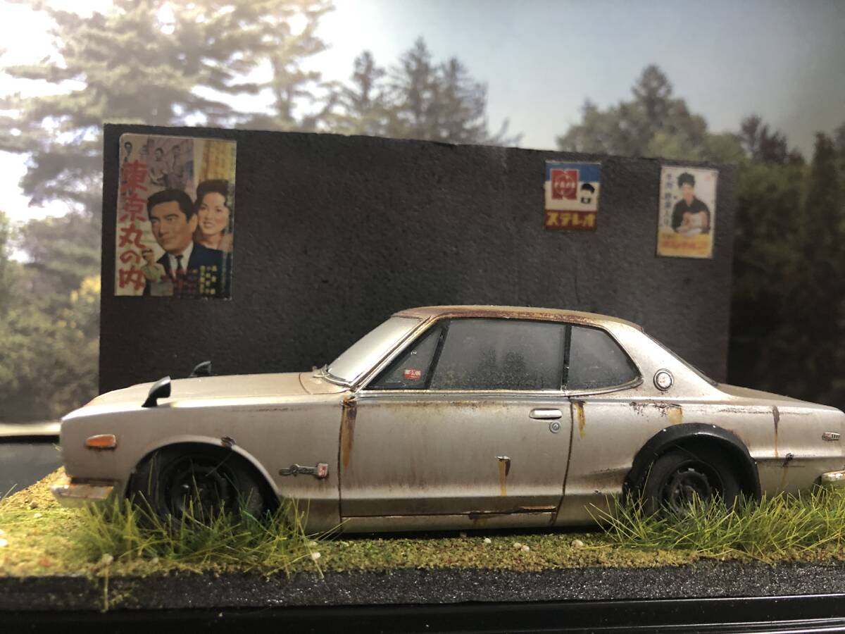 昭和レトロな風景 1/32 ニッサン スカイライン 2000GTR ハコスカ LEDライトアップ 旧車 自作ジオラマ完成品 ケース付の画像2