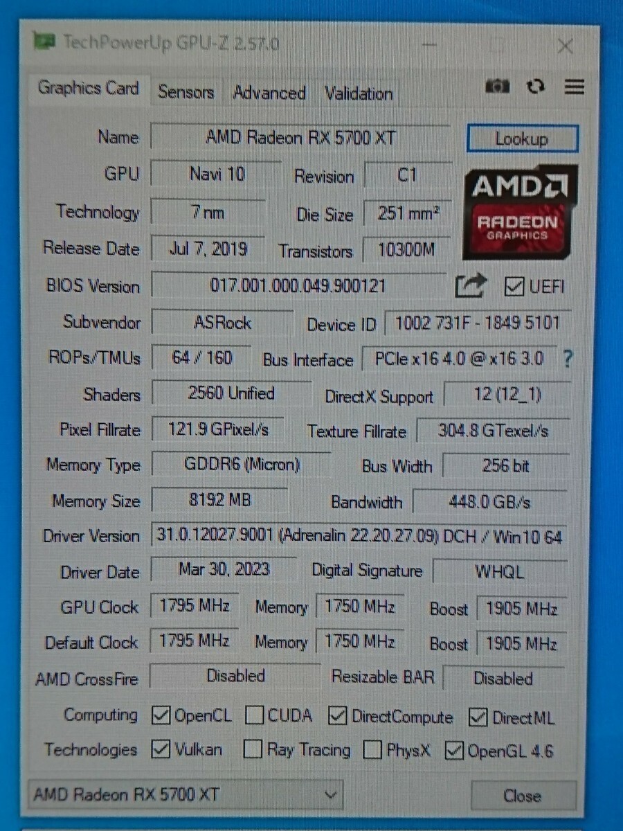 ASRock RADEON RX5700XT 8GB 動作確認品 (O40714)の画像7
