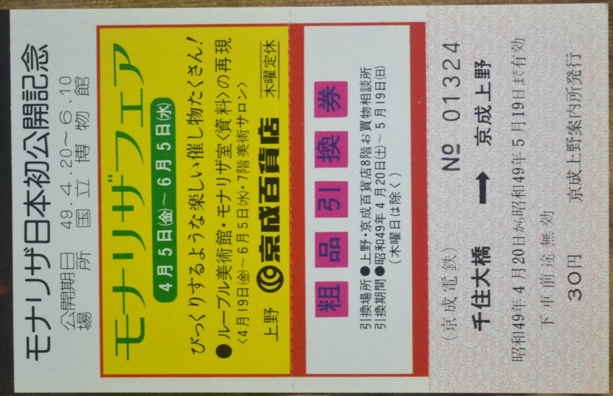 京成電鉄「モナリザ 日本初公開」記念乗車券(1枚もの)千住大橋⇒京成上野 1974の画像3