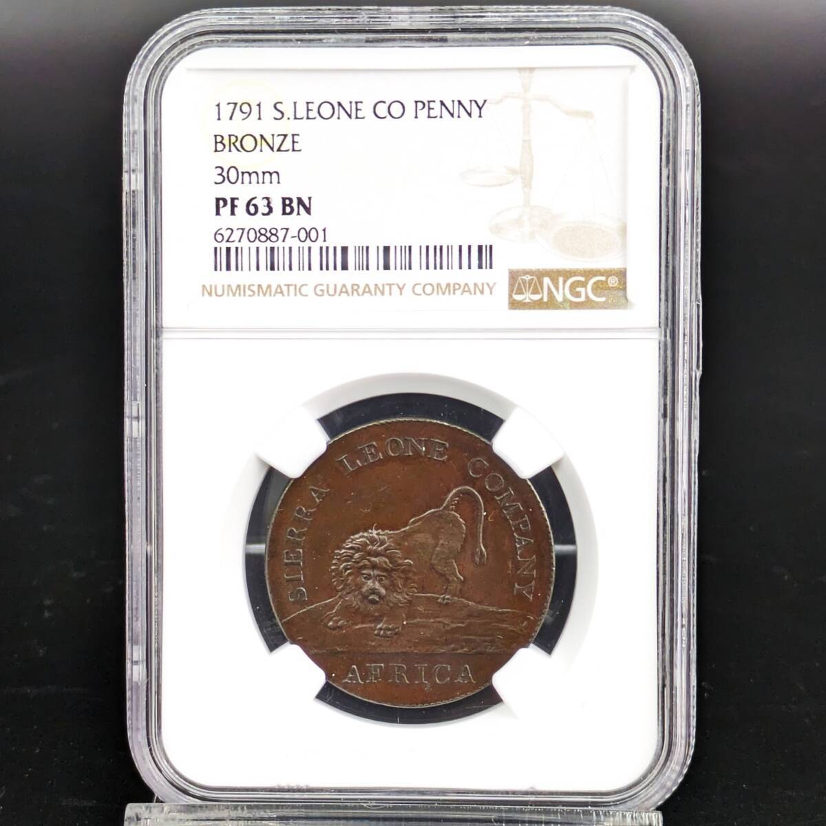 希少品★1791年 シエラレオネ 1ペニー プルーフ銅貨 NGC PF63BN アンティーク コイン アフリカ ブロンズ イギリス連邦の画像5