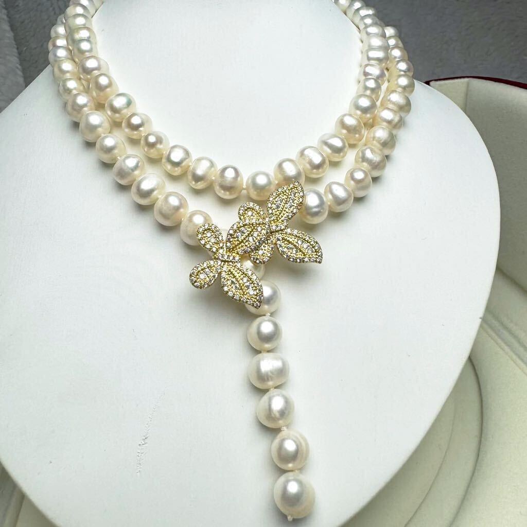 蝶々デザイン本真珠ネックレス9mm 85cm 天然Pearl necklace パールネックレス_画像1
