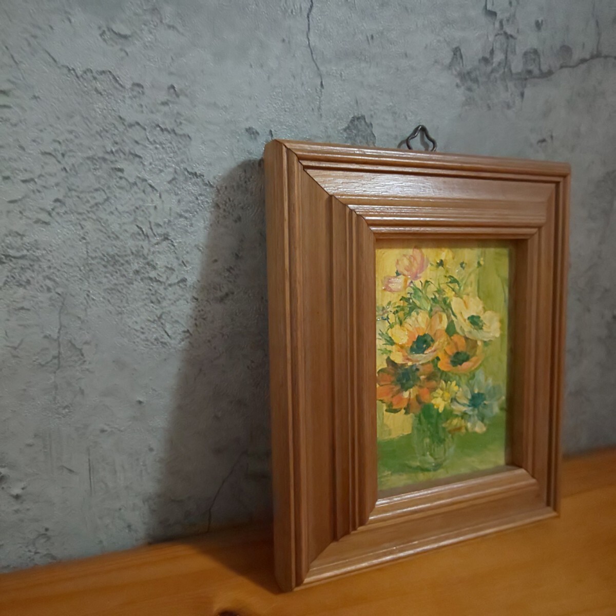 イタリア製 ミニ絵画 油絵 ひまわり 木製額縁 壁かけ絵画_画像1