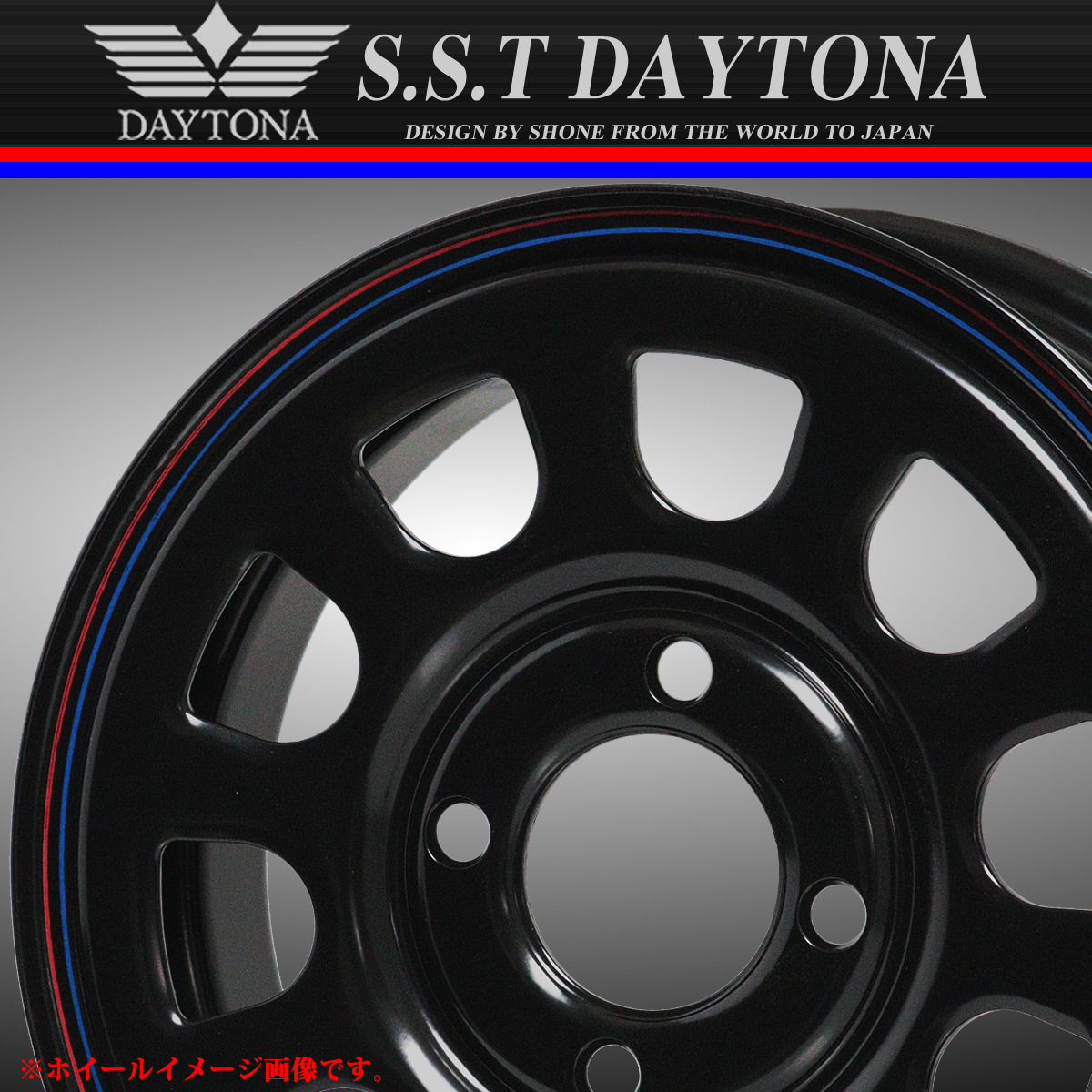 新品 4本価格 会社宛 送料無料 12×4J 4穴 100mm ET+40 SHONE SST DAYTONA デイトナブラック 赤/青ライン 軽トラ 軽バン 特価 NO,SH283_画像3