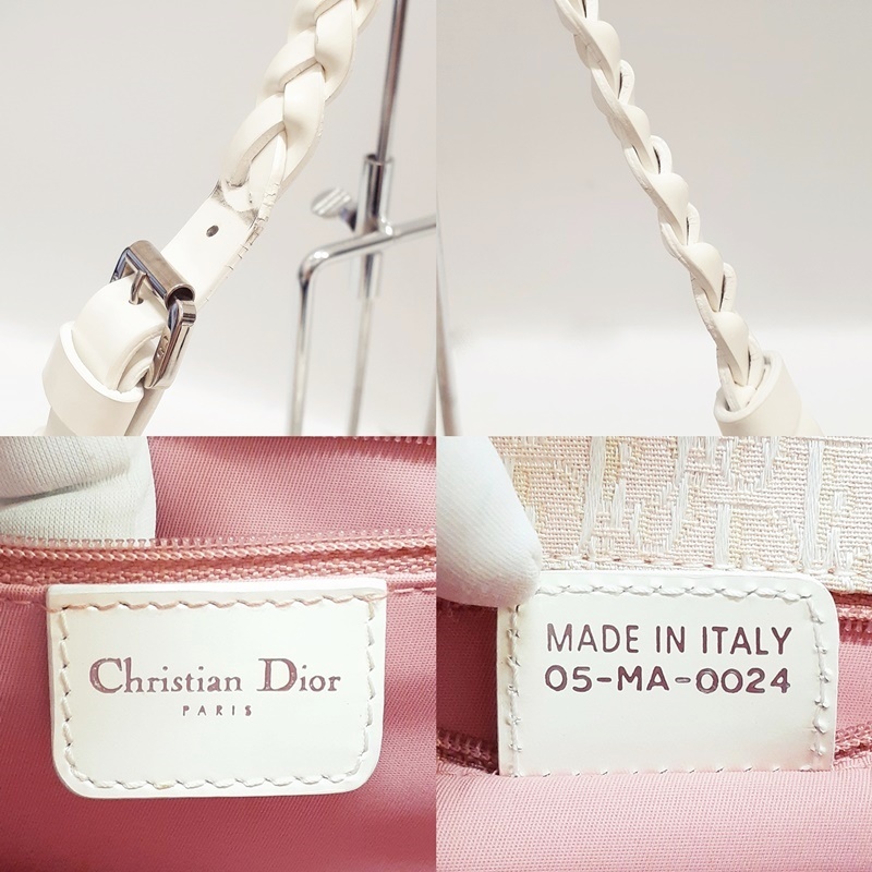 (現状品) Christian Dior トロッター キャンバス×レザー 05-MA-0024 ハンドバッグ 編み込みレザーハンドル ピンク×ホワイト ディオール