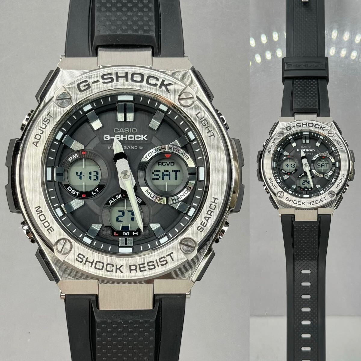 極美品 G-SHOCK GST-W110-1AJF G-STEEL Gスチール タフソーラー 電波受信 電波ソーラー マルチバンド6 メタルベゼル シルバー アナデジの画像3