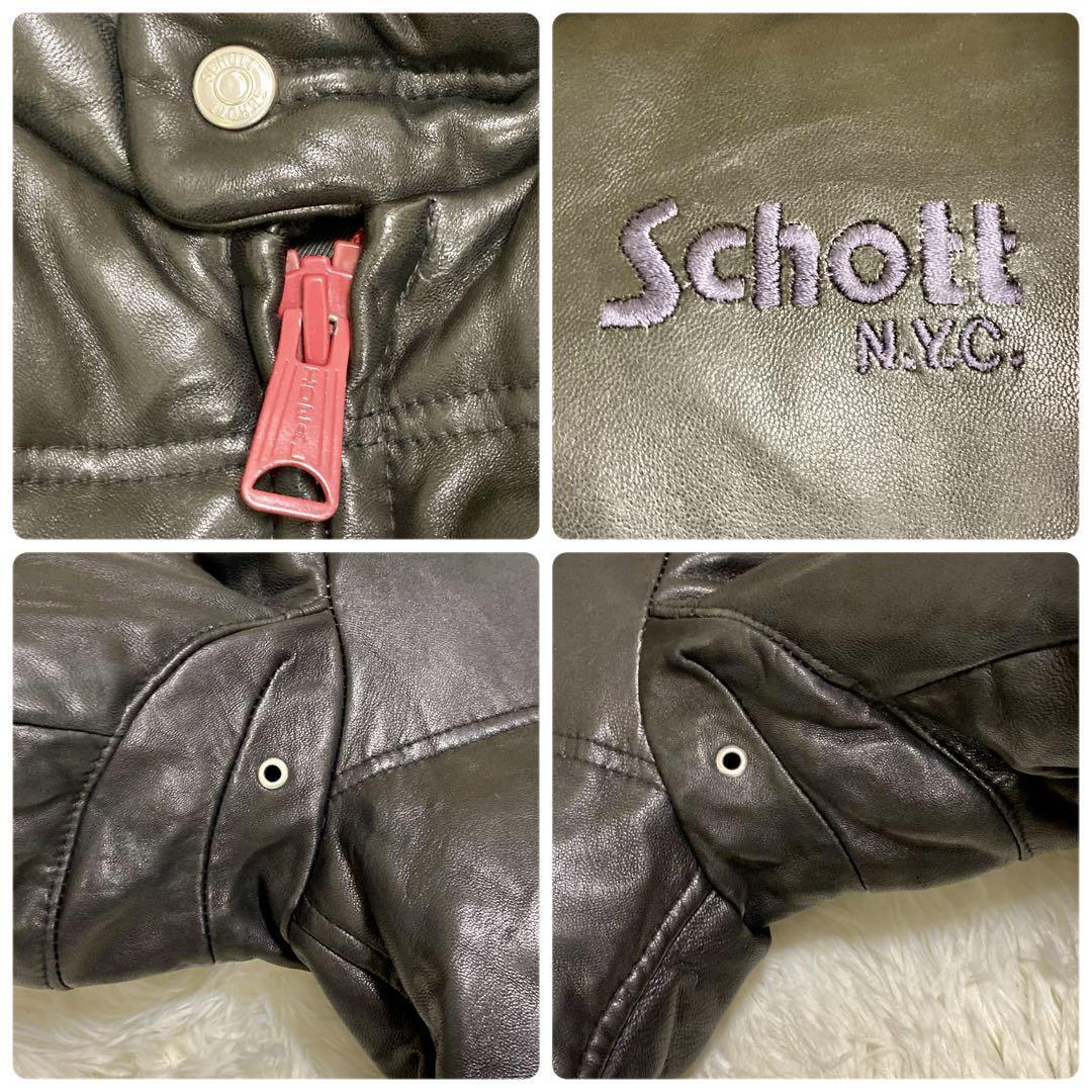 【至極のラムレザー】Schott ショット レザーダウンジャケット モーターサイクル ライン 羊革 黒×赤 ロゴ刺繍 Sサイズ メンズ バイカー_画像6