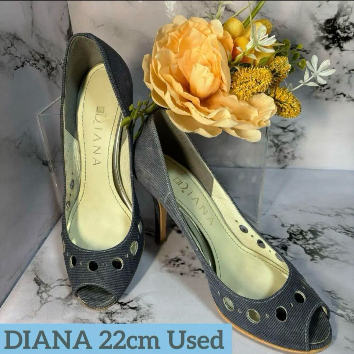 【美品】DIANA ダイアナ　パンプス　ドットホール　スウェード調　オープントゥ　22cm