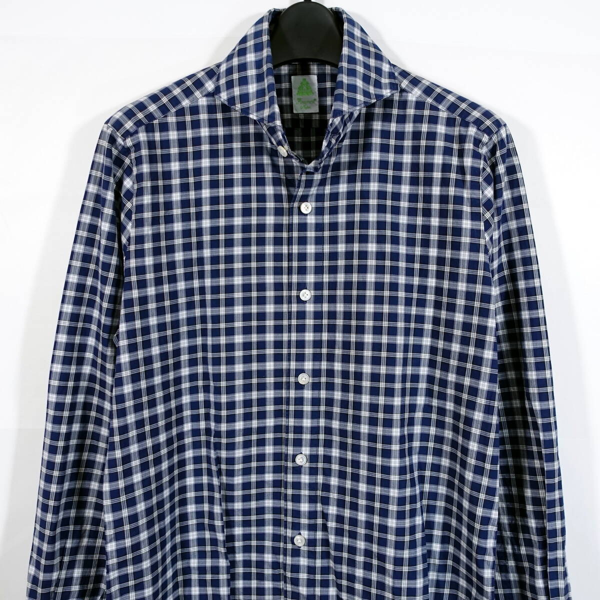 【良品】フィナモレ　紺白チェックホリゾンタルカラーシャツ　FINAMORE　サイズ３８（Ｓ相当）_画像3