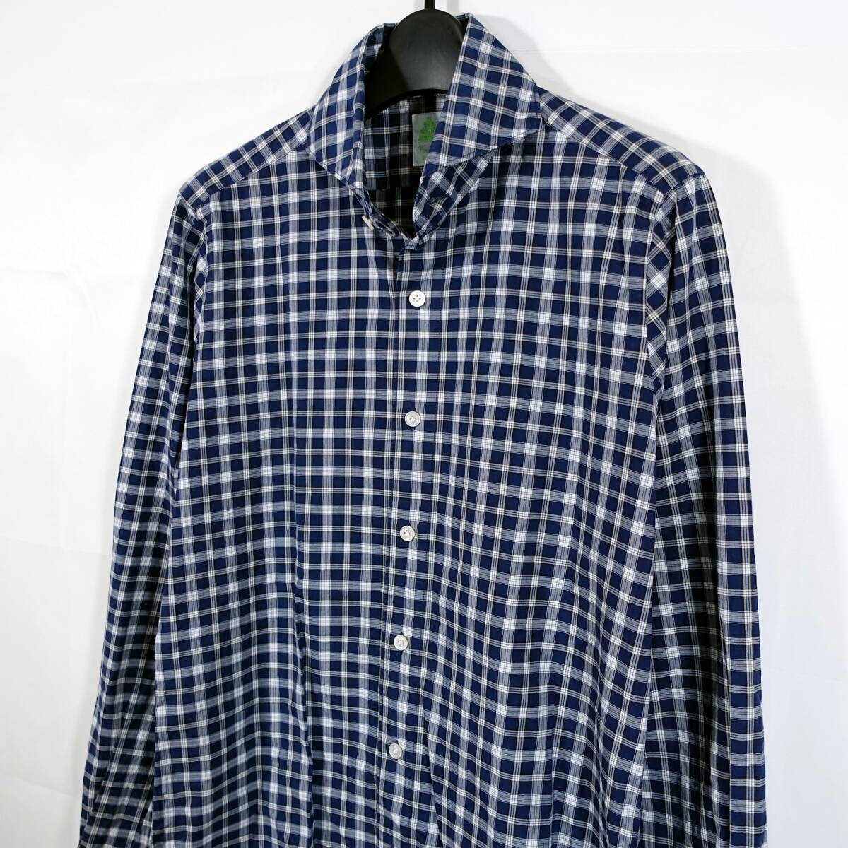 【良品】フィナモレ　紺白チェックホリゾンタルカラーシャツ　FINAMORE　サイズ３８（Ｓ相当）_画像4