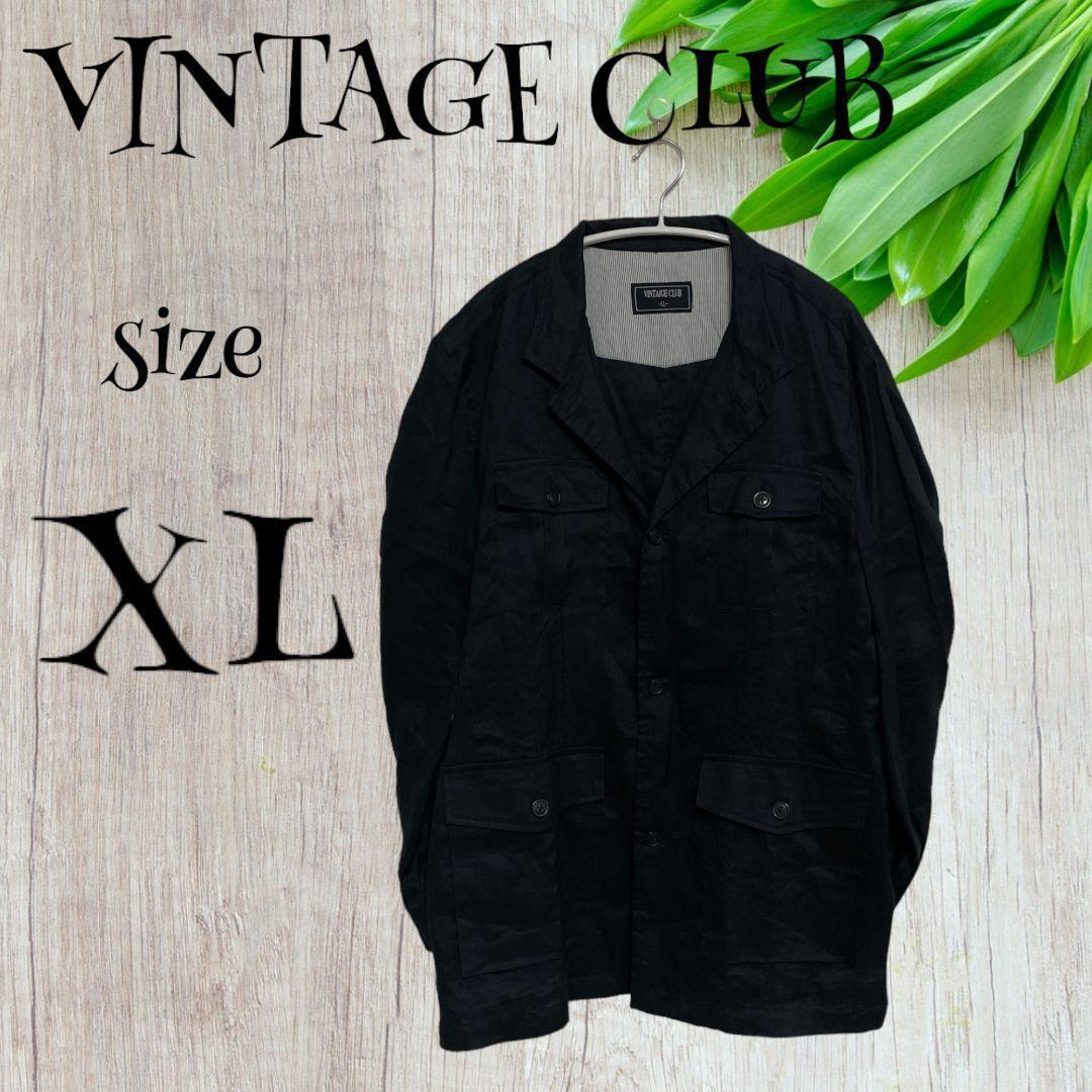 VINTAGE CLUB　シャツジャケット【XL】ネイビー　麻　大きいサイズ