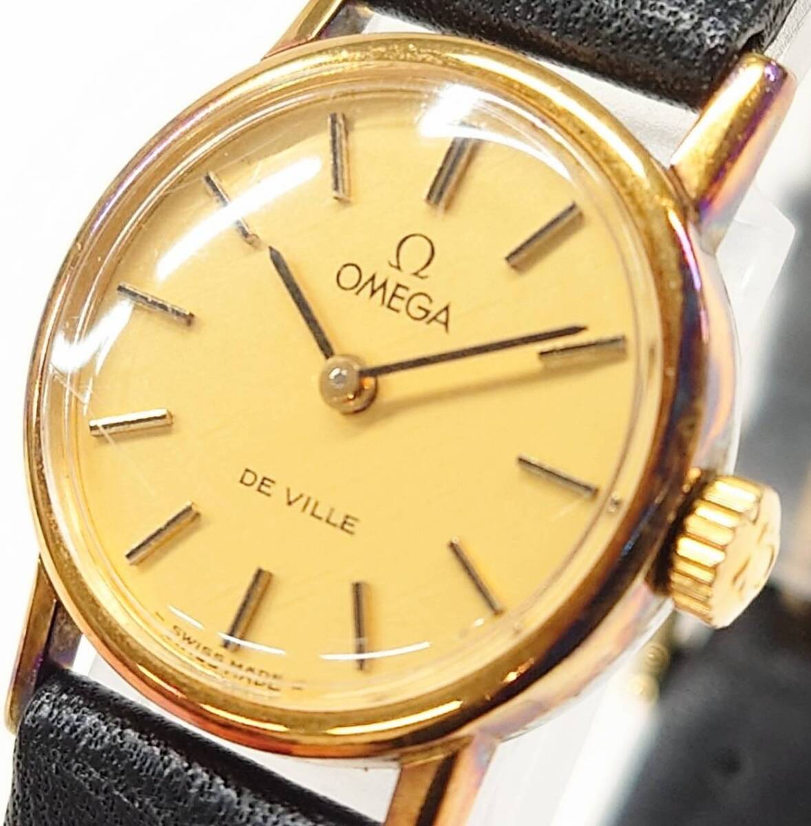 R524-W11-794◎OMEGA オメガ DE VILLE デビル レディース腕時計 手巻き 2針 レザーベルト ゴールド文字盤④の画像3