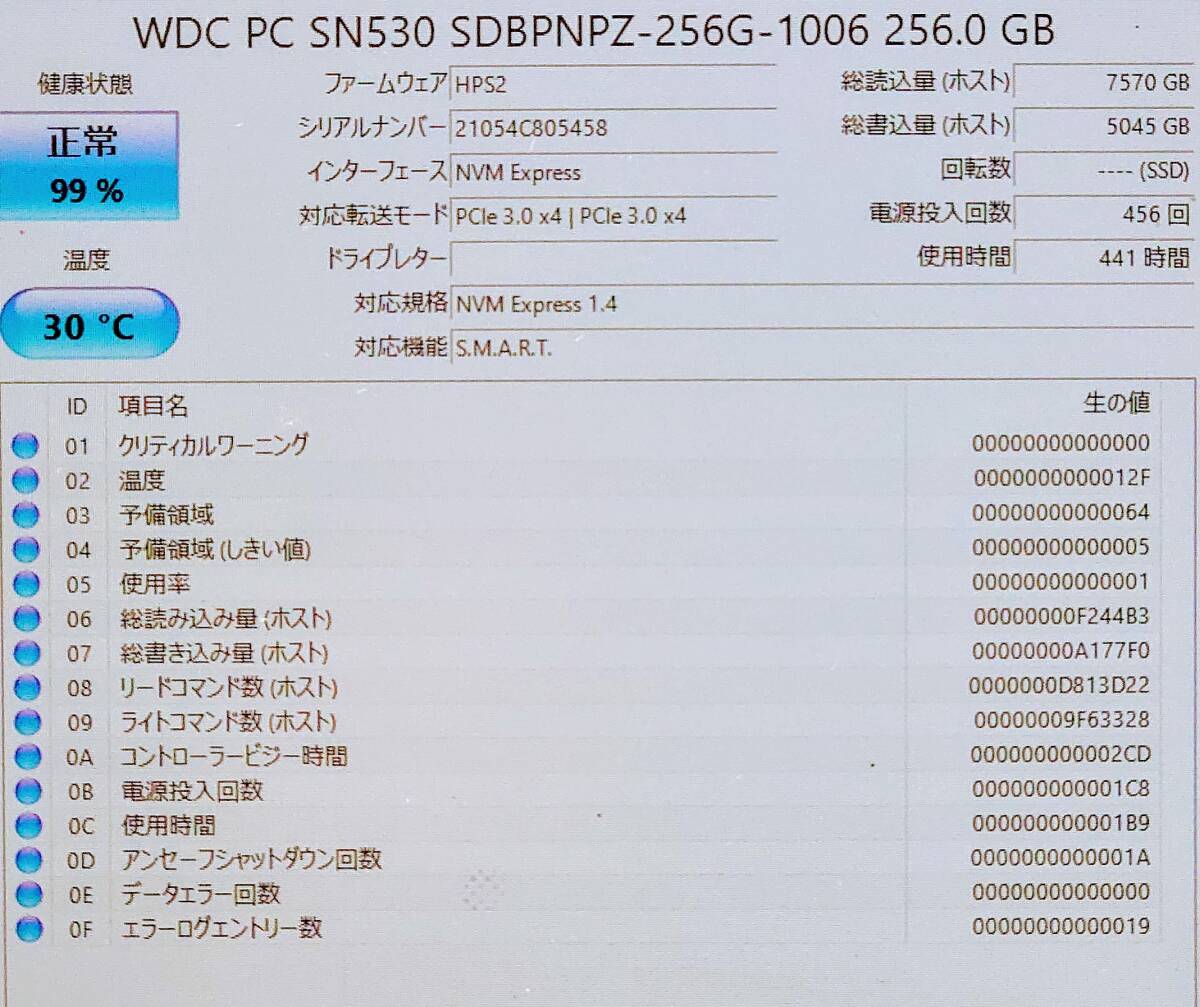 Western Digital m2 SSD Mkey 256GB 441時間の画像2