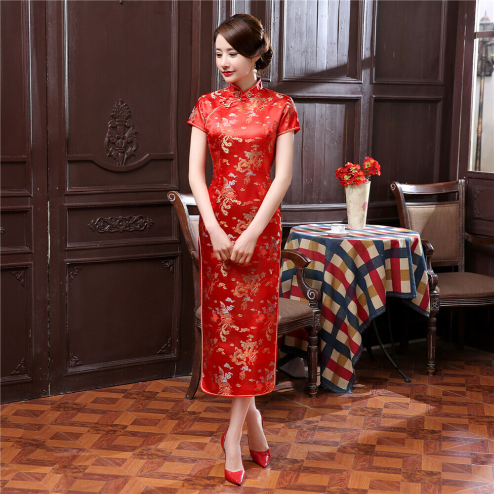 * type A× red * XL size * China dress long height j3082 China dress long tea ina clothes red black short sleeves One-piece 