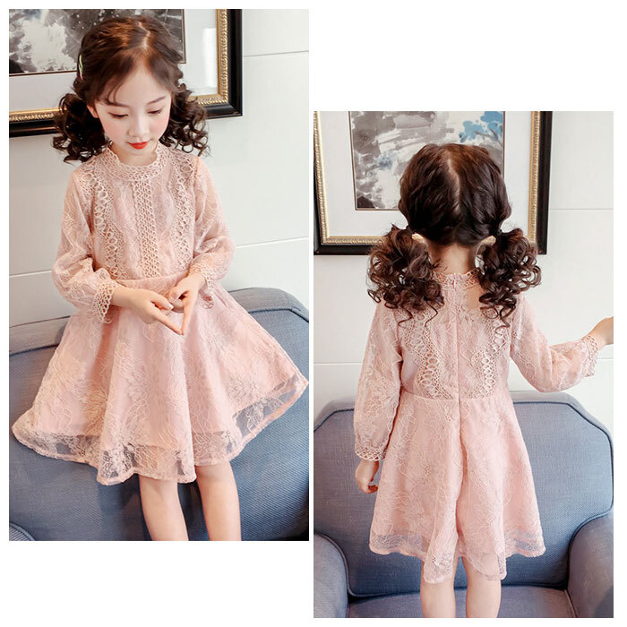 ☆ ピンク ☆ 130cm ☆ 子供 ワンピース レース 春夏秋 kdress6059 ワンピース こども 女の子 長袖 ミニワンピース レース 裾フリル_画像5