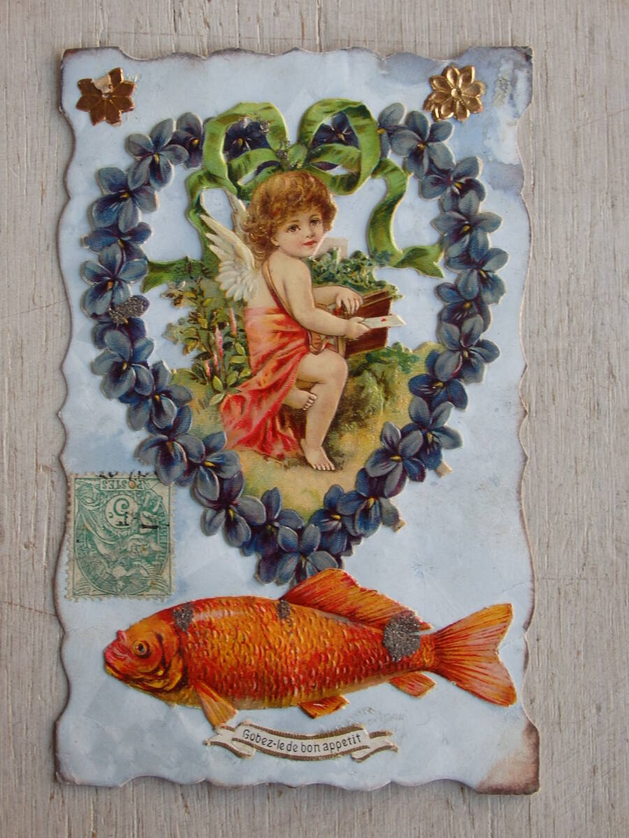 フランスアンティーク ポストカード 2枚　お祝い 花 紙もの ヴィンテージ フレンチ エンボス 天使 エンボス　リボン　ハート_画像2