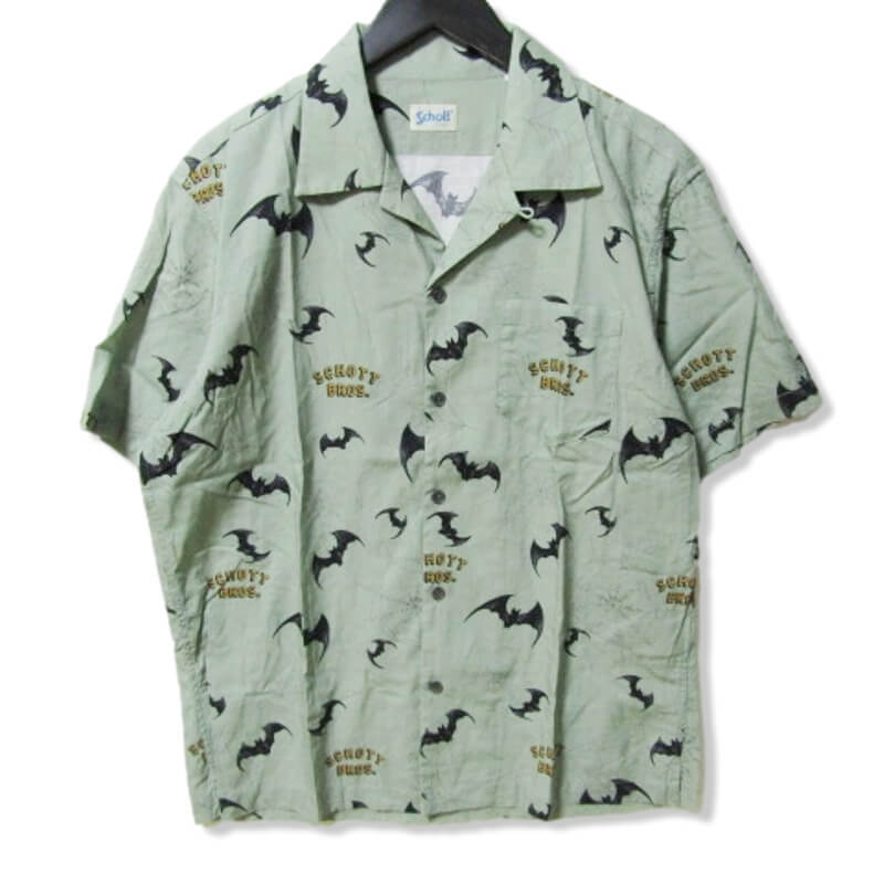 Schott ショット 半袖シャツ 蜘蛛の巣 コウモリ 3115056 HAWAIIAN SHIRT BAT& SPIDER グリーン M 27105650_画像1