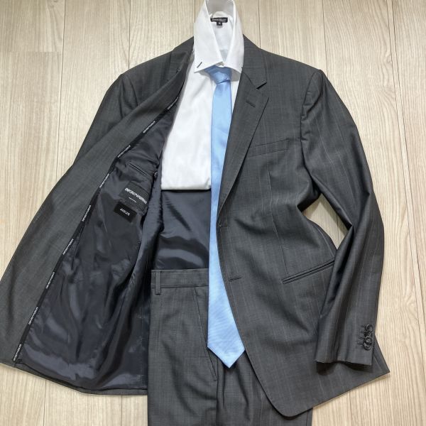 極上の逸品◎EMPORIO ARMANI エンポリオ アルマーニ 50(L程度) グレー ストライプ 2B スーツ セットアップ メンズ ビジネス_画像1