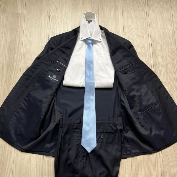 最高の着心地 アクアスキュータム★Aquascutum 96AB5（L程度） ネイビー 紺 セットアップ スーツ 2B 背抜き メンズの画像6