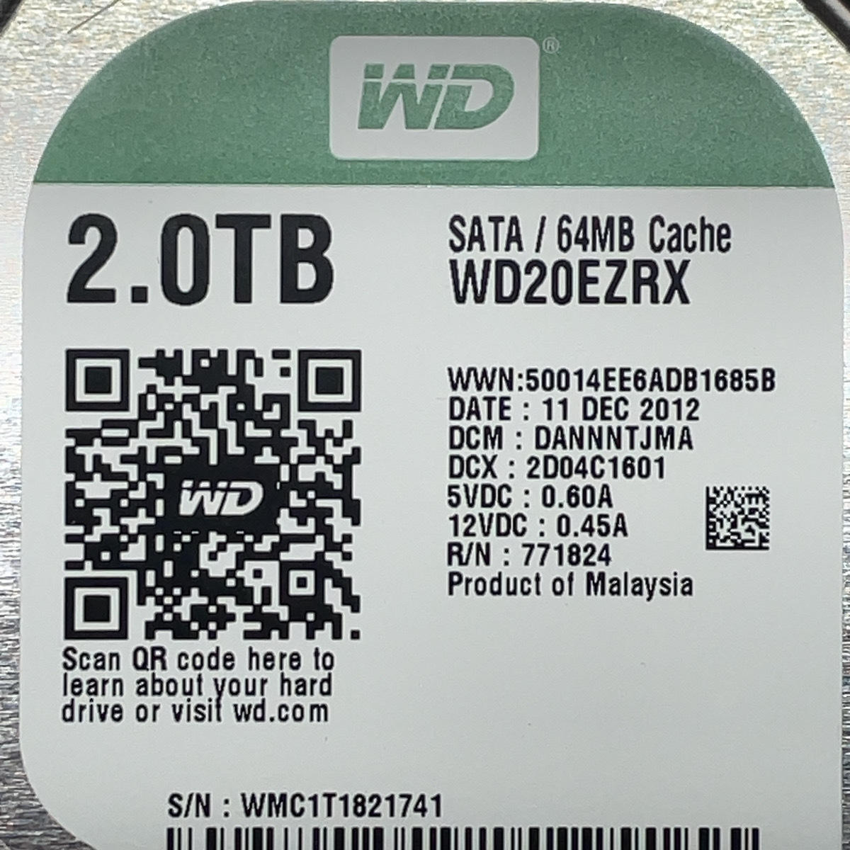 【送料無料】2TB 内蔵型 3.5インチ SATAハードディスク WD20EZRX 6835時間 HDD WESTERN DIGITAL ウェスタンデジタル 0416_画像2