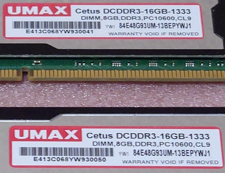 ◆UMAX Cetus DCDDR3-16GB-1333 *PC3-10600/DDR3-1333 240Pin DDR3 UDIMM 16GB(8GB x2) 動作品_画像3
