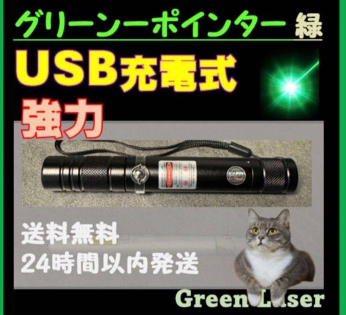 USB充電式　ストレートレーザーポインター★ グリーン　緑　電池不要　強力光線　未使用　ネコおもちゃ　現場指示　高評価！