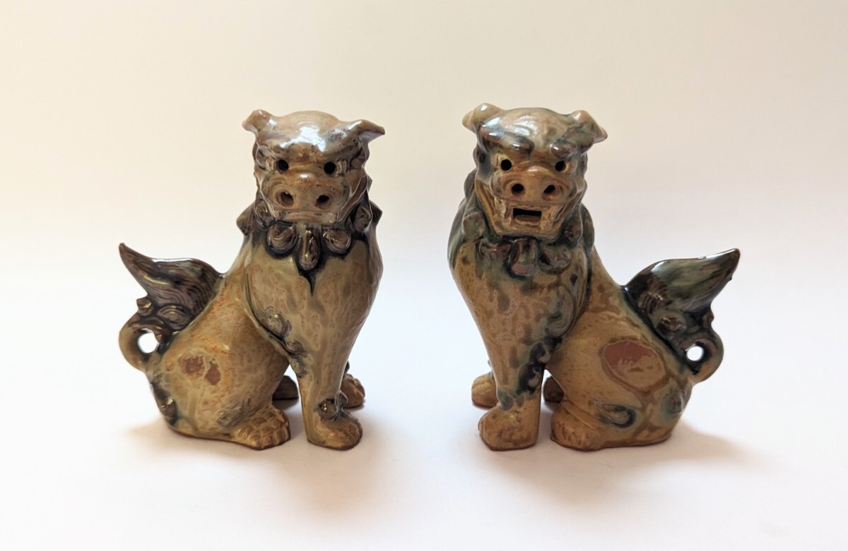 やちむん 琉球焼 狛犬 一対 獅子 魔除け 厄除け 縁起物 置物 陶器 伝統工芸 シーサー 昭和レトロの画像1