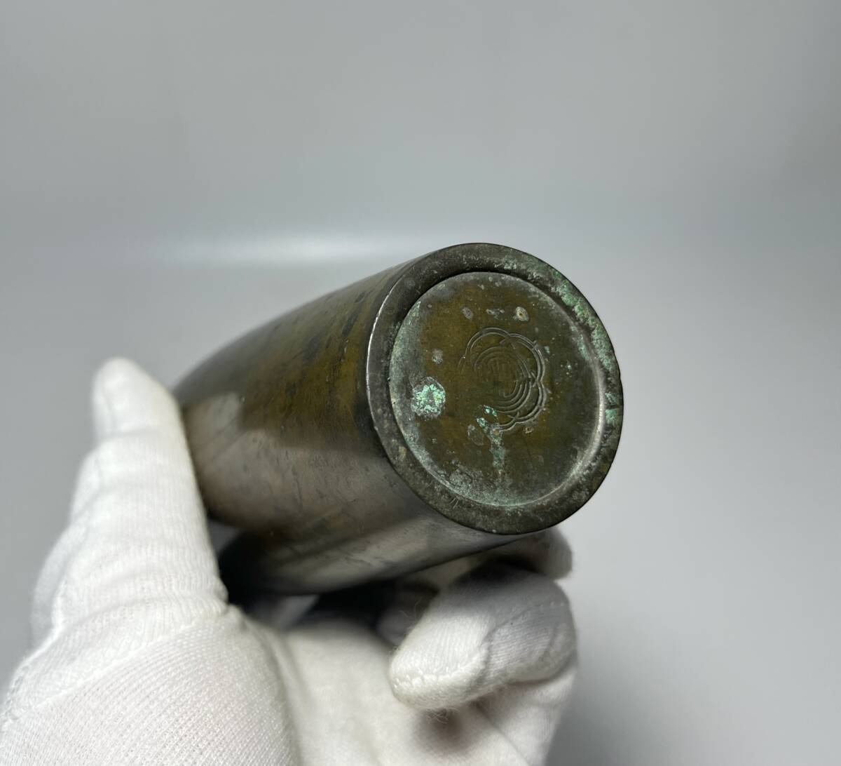 中国　銅製　古銅花瓶　錯銀　時代　一輪刺し　H14.８cm_画像10