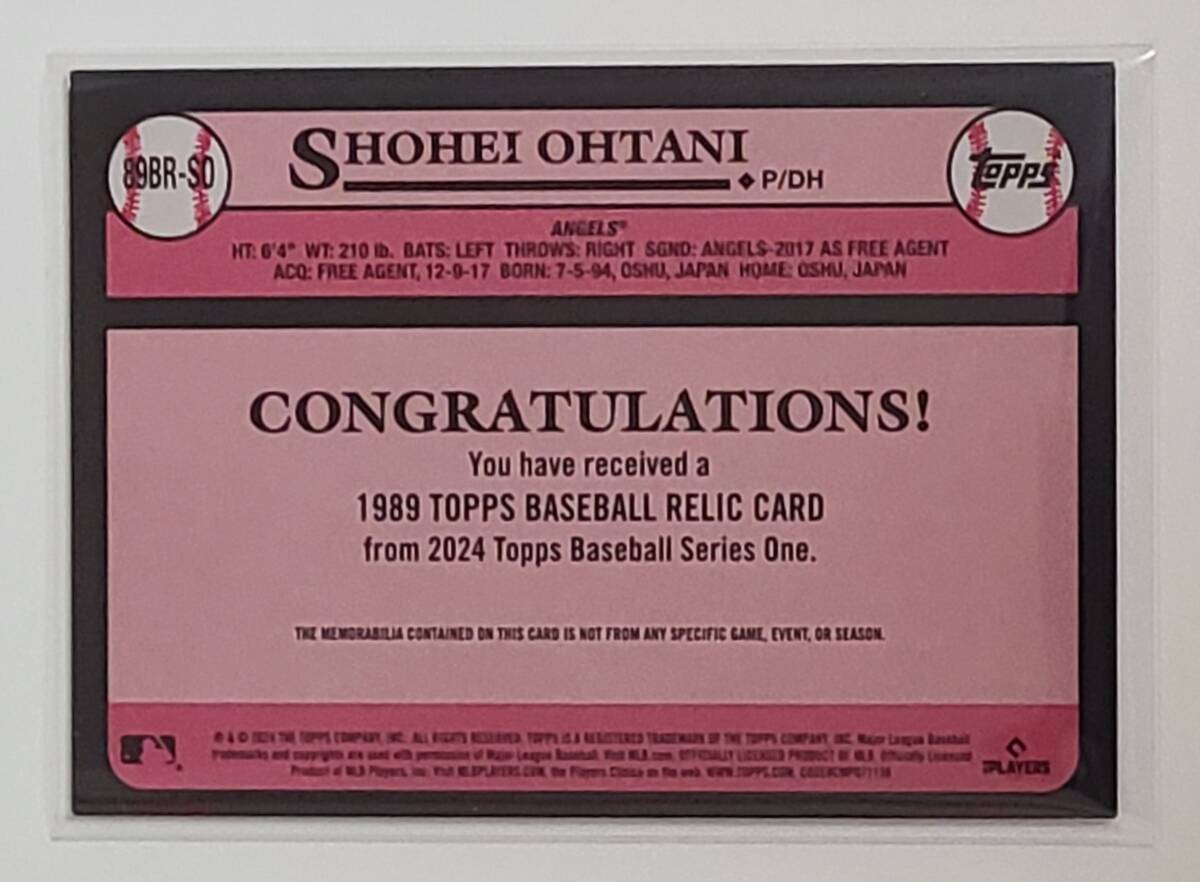 (大谷翔平) 001/199 2024 Topps Series 1 Shohei Ohtani 1989 Relic Jersey 199枚限定 実使用ジャージ エンゼルス ファーストナンバーの画像2