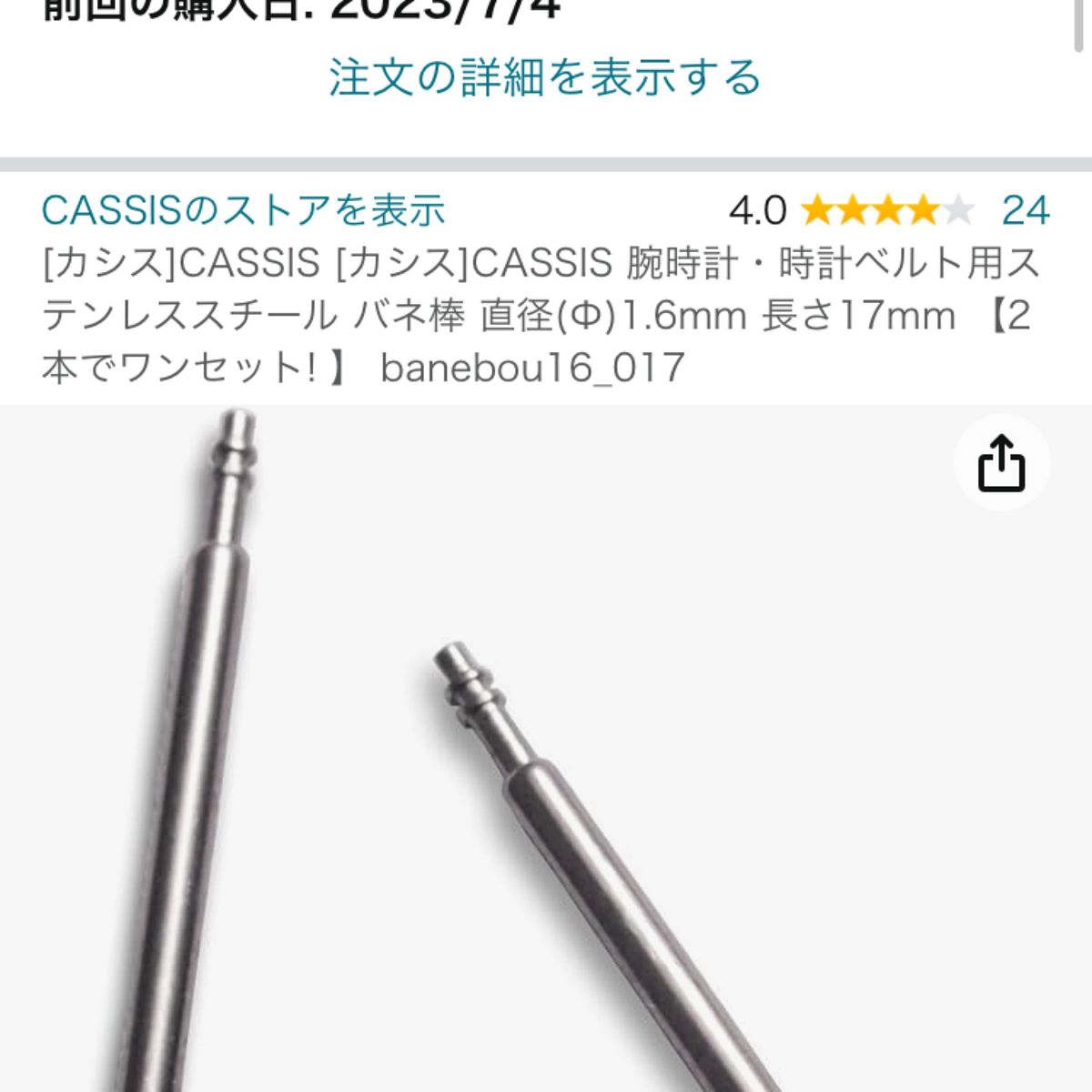 腕時計 バネ棒 ばね棒2本 17mm CASSIS カシス バネ棒