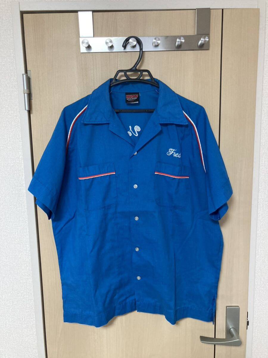 古着 シャツ ボーリングシャツ 半袖 半袖シャツ 刺繍 HILTON ヒルトン Lサイズ 青 ブルーの画像1