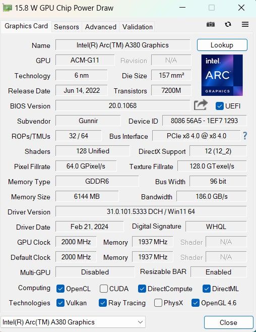 GUNNIR PHOTON INTEL ARC A380 6GB OC ビデオカード GPU