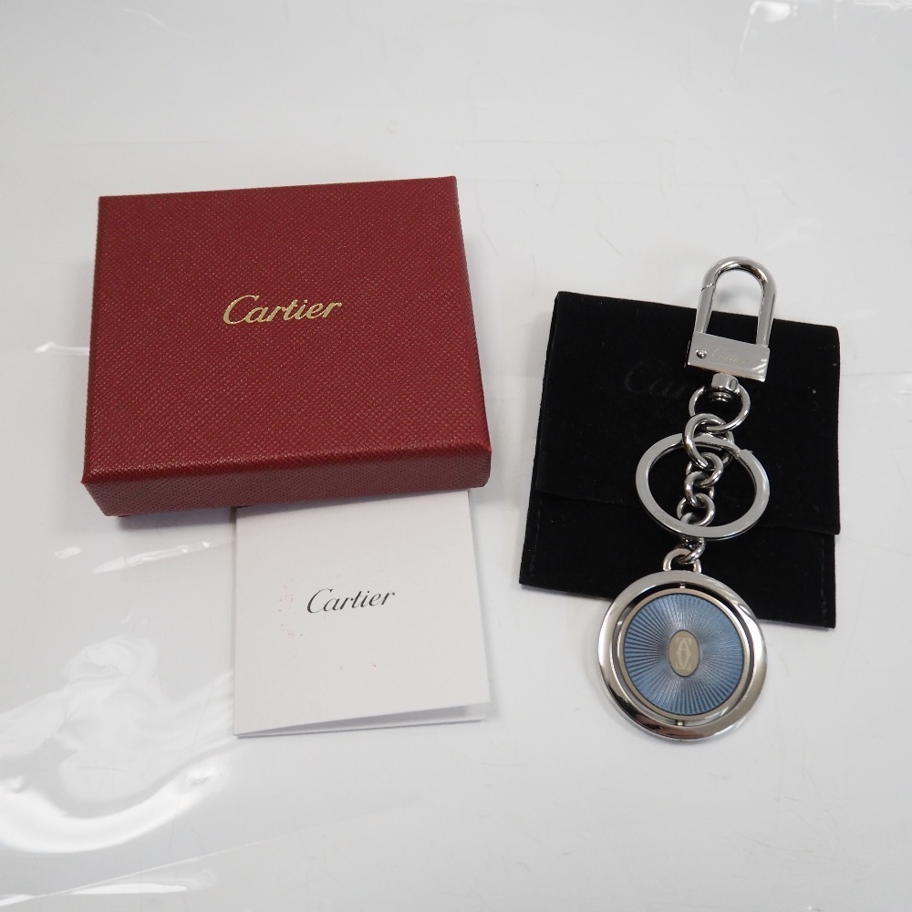 Th544911 カルティエ ドゥーブルC ドゥ カルティエ ロゴ キーリング キーホルダー シルバー×ブルーラッカー CARTIER 良好・中古_画像1