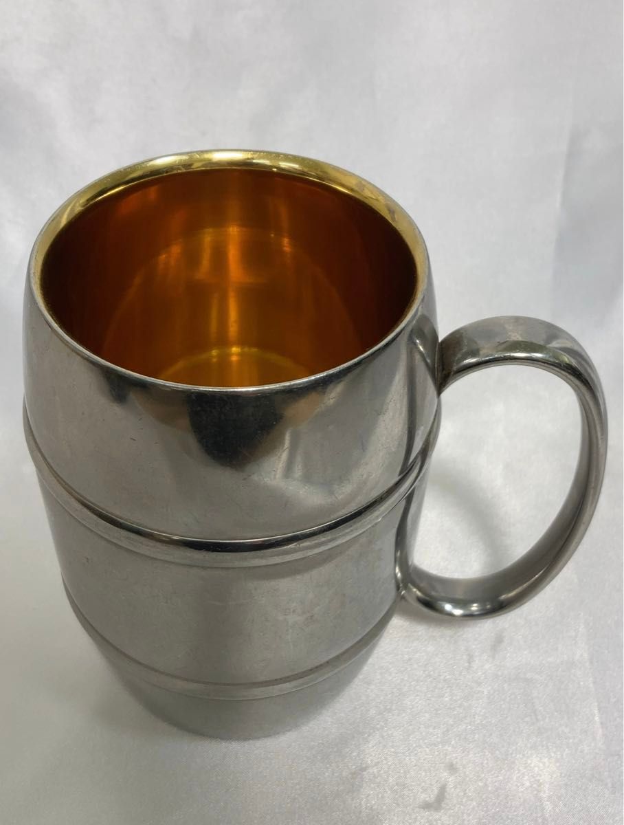 USED☆ステンレス製　マグカップ　樽　ビアカップ　シルバー×ゴールド