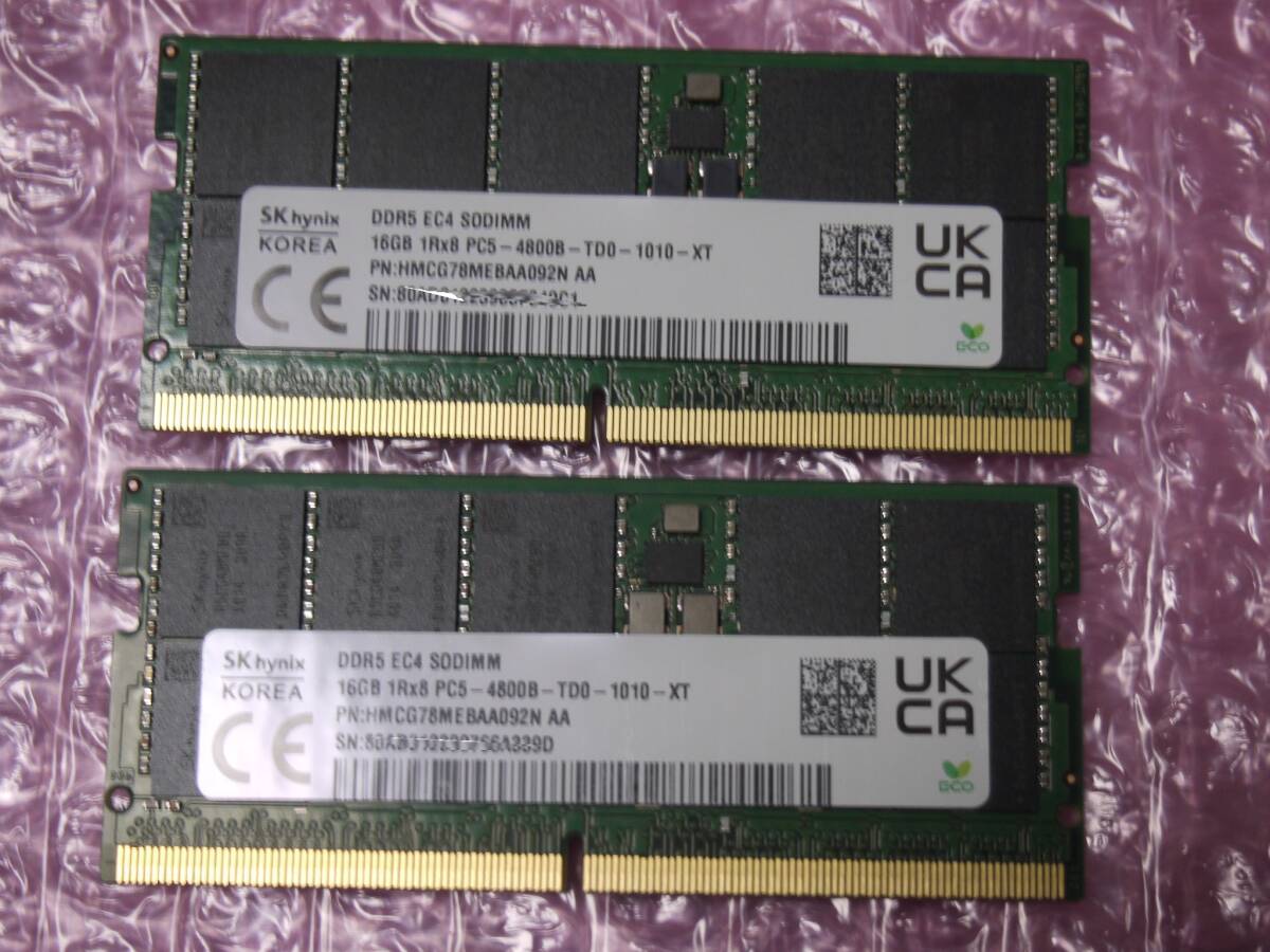 SK hynix 製 16GB×2枚 合計32GB DDR5-4800 ノートパソコン PCメモリ HMCG78MEBAA092N BA 動作確認済み の画像1