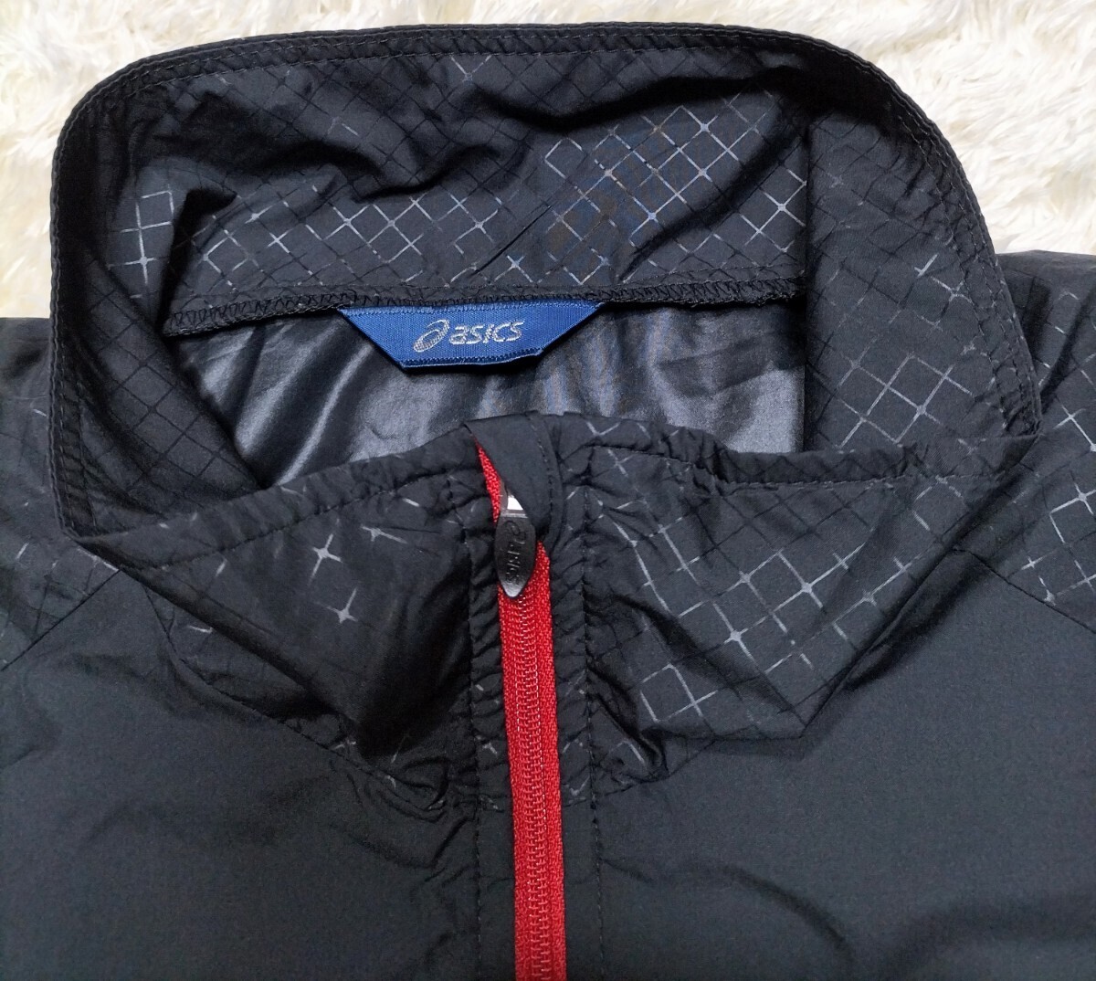 [ beautiful goods *]L size asics A77 short sleeves windbreaker + shorts top and bottom setup / black * Asics (13121)