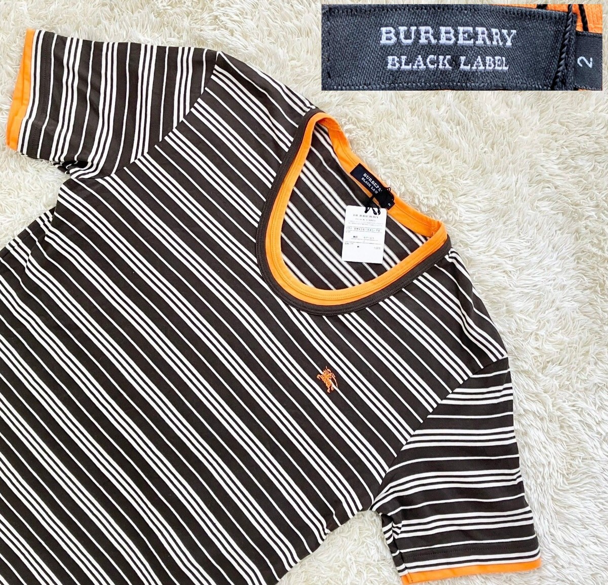 【未使用★左胸ホース刺繍】サイズ2 BURBERRY BLACK LABEL 半袖ボーダーTシャツ◆レイヤードデザイン☆バーバリーブラックレーベル (4)_画像1