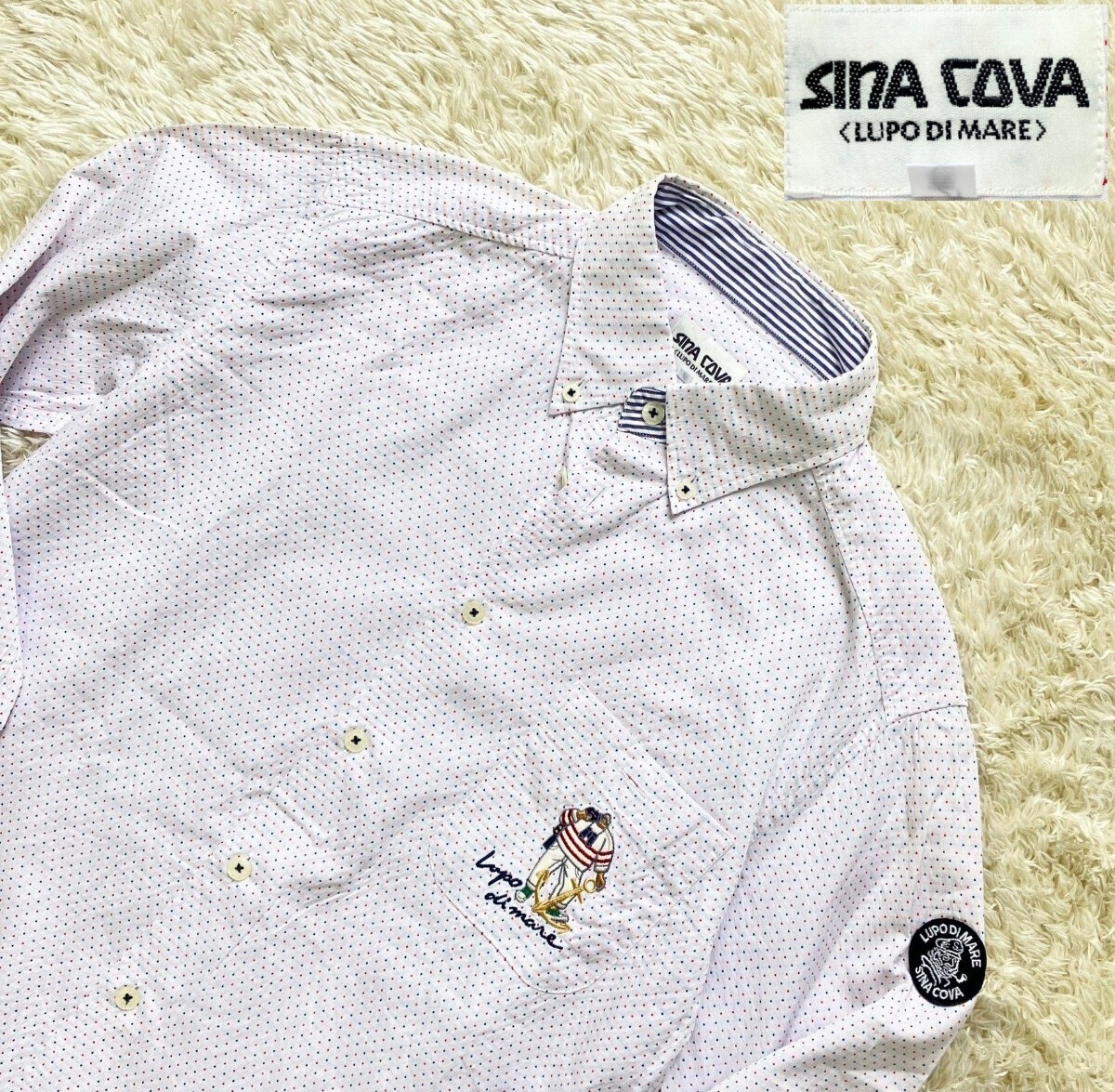 【ドット柄★】Мサイズ 良品 SINA COVA 八分袖ボタンダウンシャツ/白◆シナコバ (13)の画像1