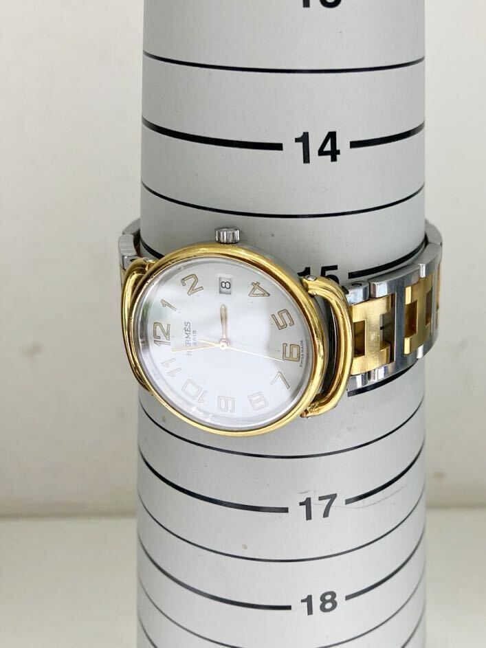 D5923 エルメス HERMES クオーツ 男性用腕時計 ホワイト文字盤 稼働品 電池交換済 ベルトコマ2個付きの画像8