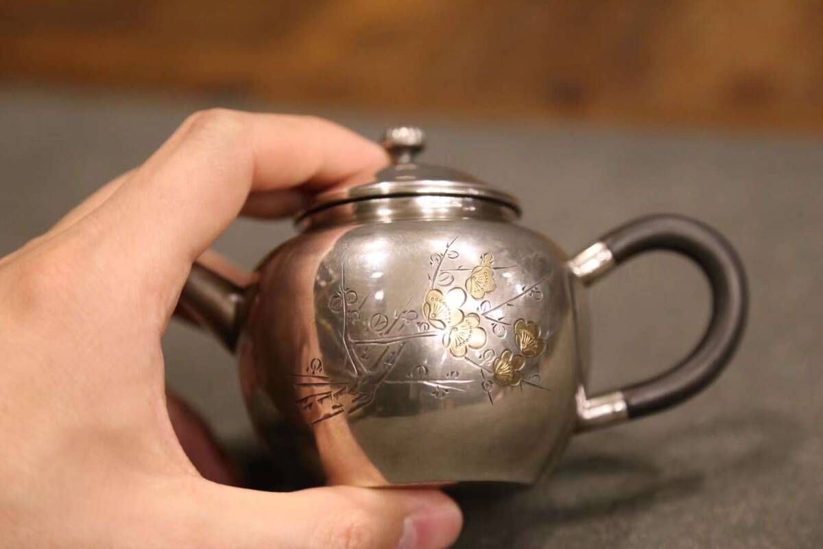 ∇古物堂∇ 栄真 重量148cm 純銀99% 銀瓶 煎茶 湯沸 急須 茶道具 金工 茶器 時代物 古銀 茶壺 