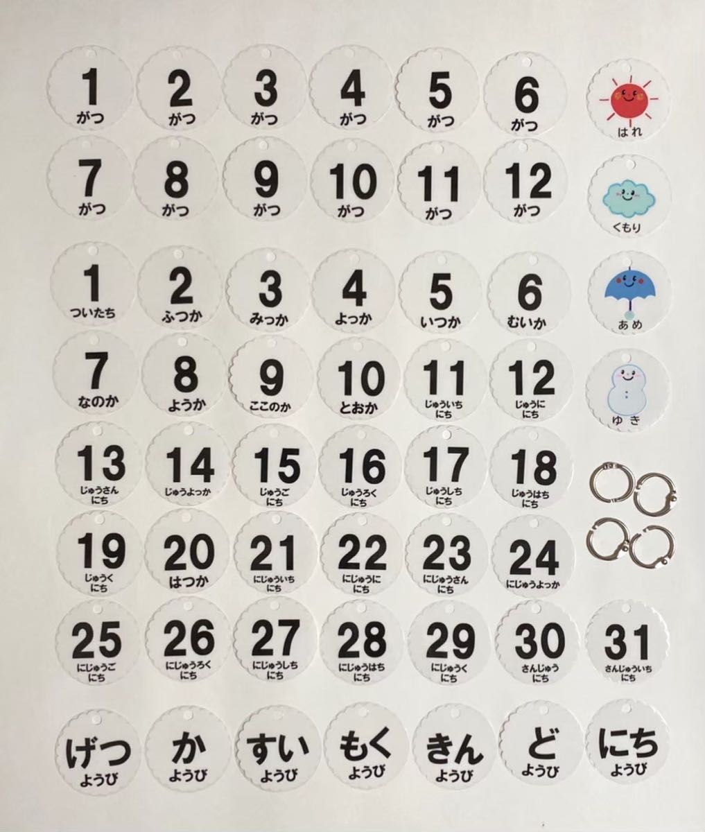 日めくりカレンダー☆カード☆丸型（月、日、曜日、天気）読みかた付き　直径５cm