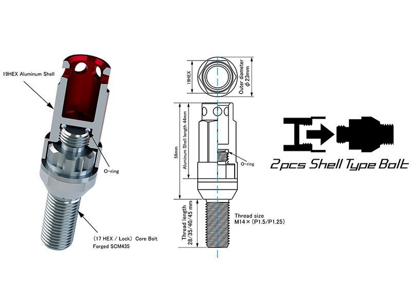 [KYO-EI_Kics]... racing    болт ＆ рок  болт ZS44（M14×P1.5_14R_ шея  низ  45mm× общая длина  101mm_ цвет ： красный ）