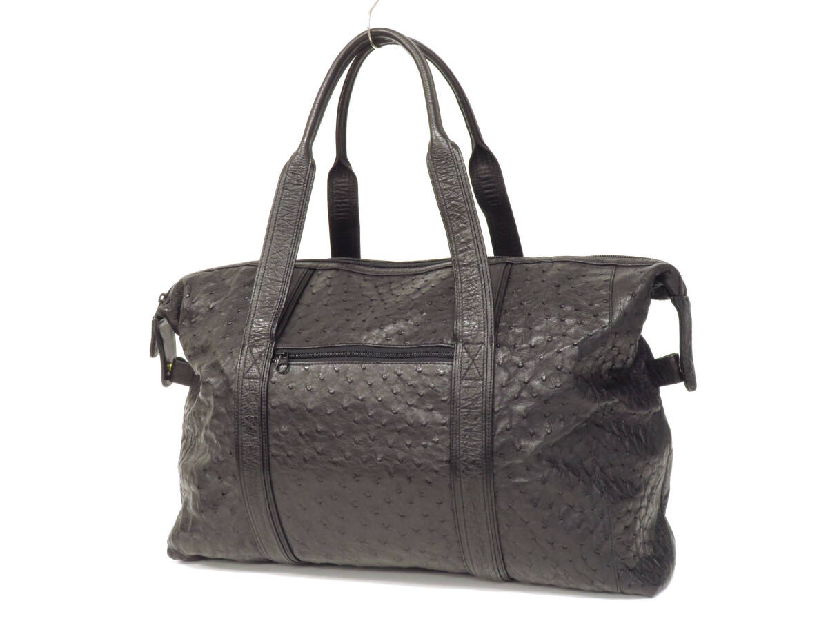 16612 美品 高級 オーストリッチ フルポイント レザー ボストンバッグ セカンドバッグ 鞄 2点セット 収納可 黒 メンズ レディース 男女兼用の画像3