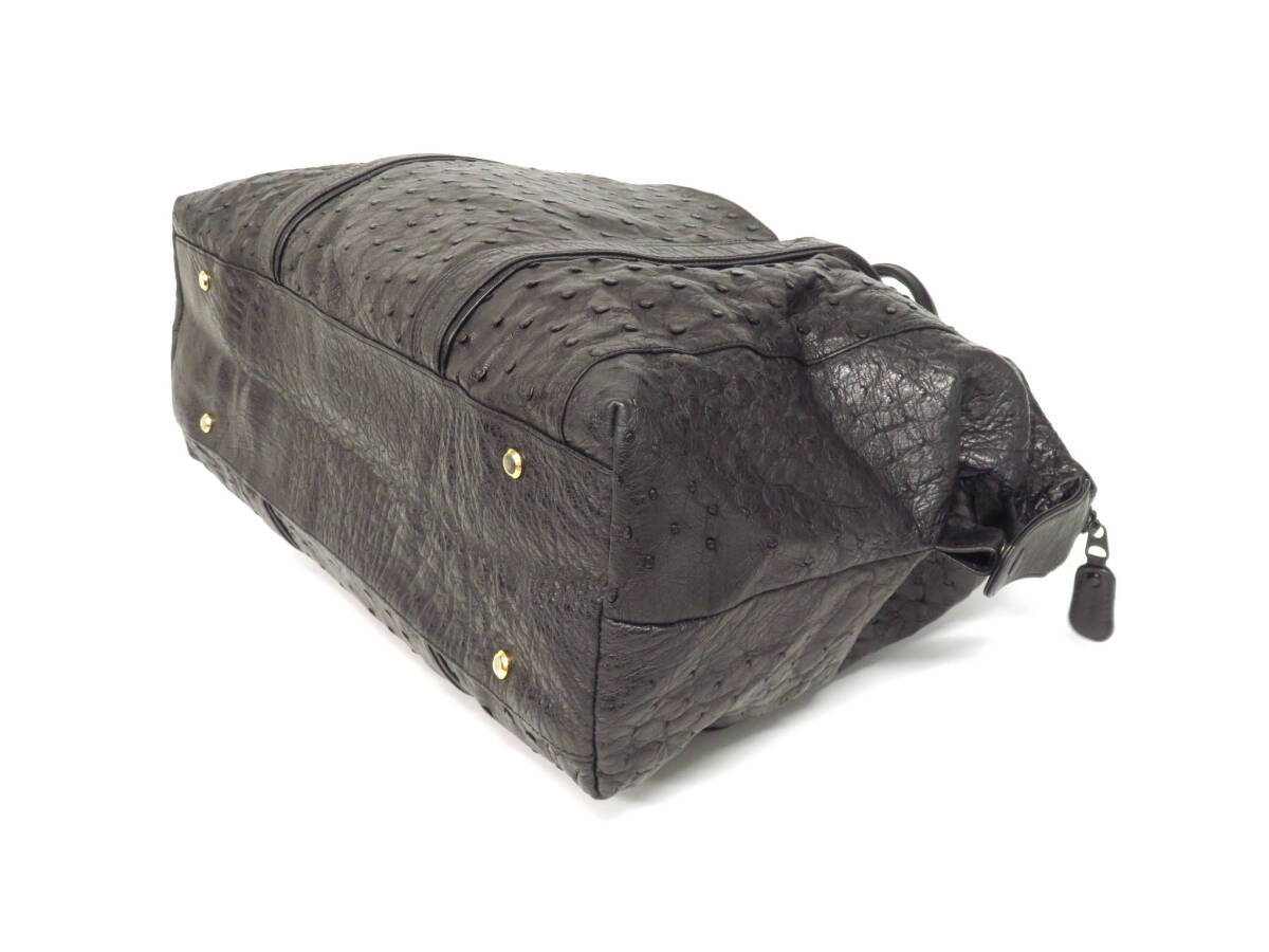 16612 美品 高級 オーストリッチ フルポイント レザー ボストンバッグ セカンドバッグ 鞄 2点セット 収納可 黒 メンズ レディース 男女兼用の画像4