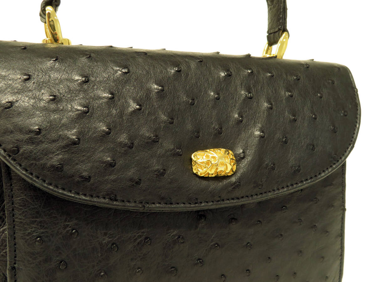17113 美品 JNL 高級 オーストリッチ 駝鳥 ダチョウ革 レザー ゴールド金具 ハンドバッグ 手持ち 鞄 黒 ブラック レディース フォーマル_画像2