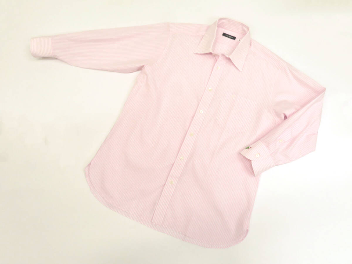 17496 прекрасный товар BURBERRY Burberry полоса рисунок шланг Logo вышивка длинный рукав кнопка down рубашка хлопок L ранг розовый × белый мужской сделано в Японии 