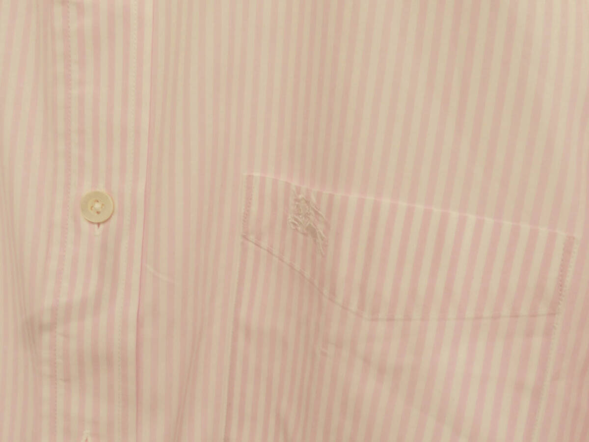 17496 美品 BURBERRY バーバリー ストライプ柄 ホースロゴ刺繍 長袖 ボタンダウン シャツ 綿 L位 ピンク×白 メンズ 日本製_画像3
