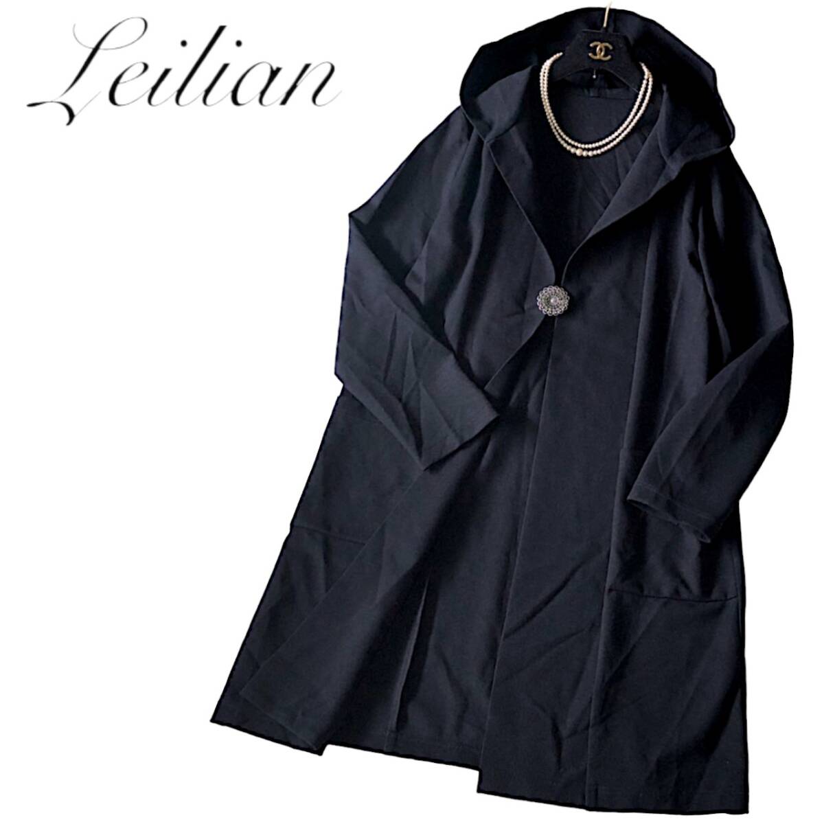 B16◆極美品 レリアン Leilian 大きいサイズ 11 L-XL ボタンレス トッパー フーディ コート ジャケット カーディガン ストレッチ 春の羽織の画像1