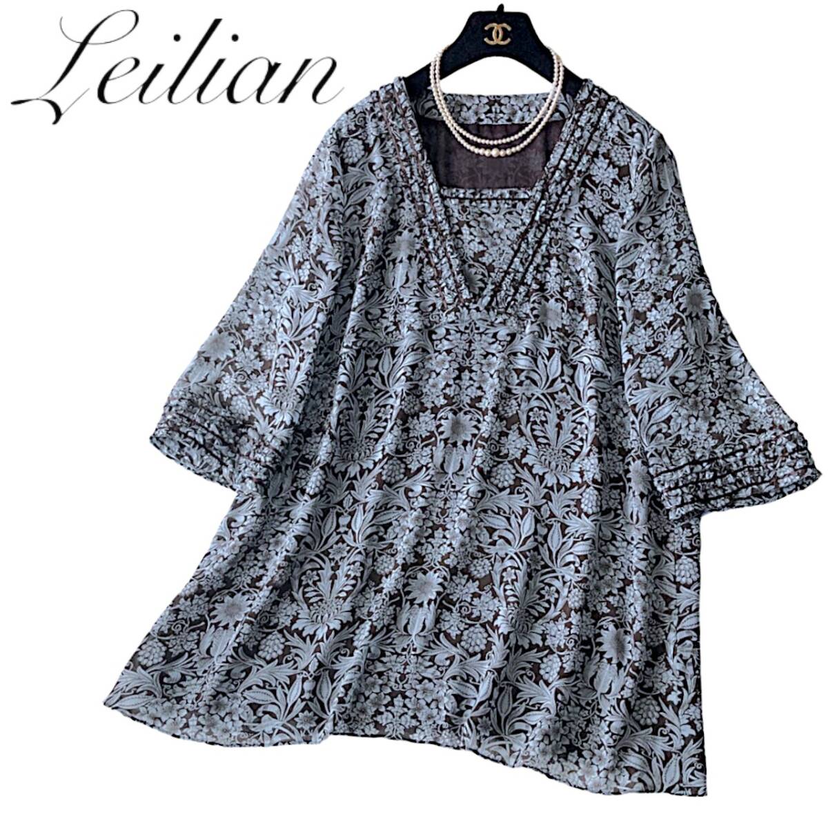 B19◆極美品 レリアン Leilian プラスハウス 大きいサイズ 13+ XL前後 ゆったり チュニック ワンピース シフォン 身幅55cm 春夏におすすめの画像1