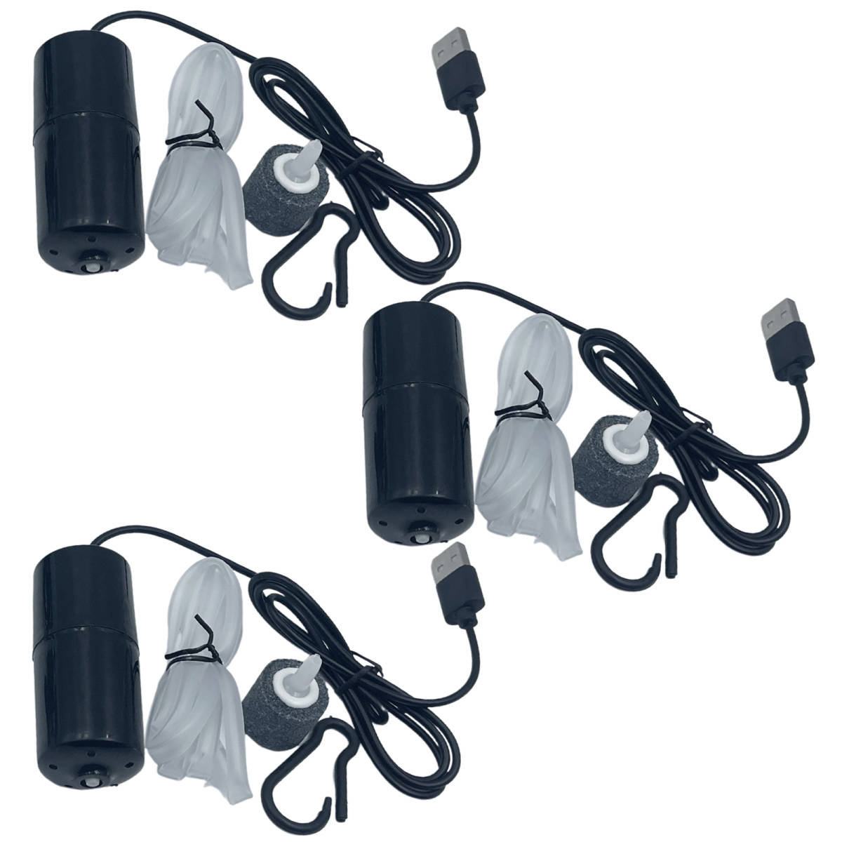 エアーポンプ 水槽 釣り アクアリウム USB ポータブル ポンプ 小型 エアーストーン エアーチューブ 付き 3個 セットの画像1