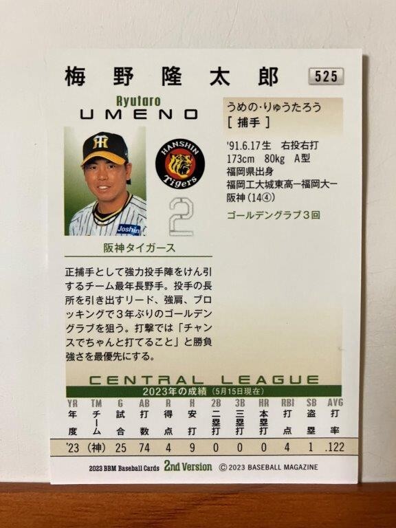 【2023 BBM 2nd】525梅野隆太郎（阪神タイガース）レギュラーカード_画像2